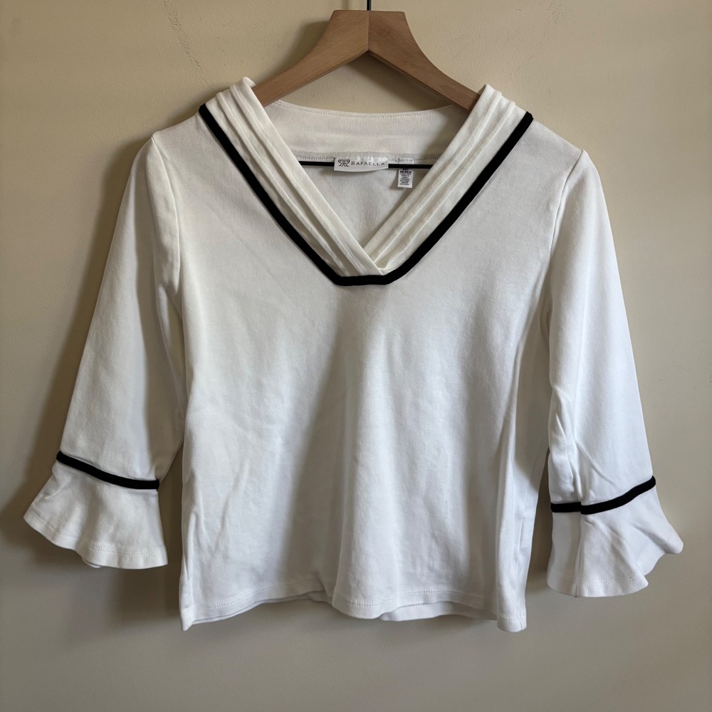Rafaella White V-Neck Bell Sleeve Knit Top with Black Trim Size Small P